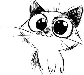 Poster - Black and white sketch of a wide-eyed cheerful kitten cartoon illustration. Vector illustration