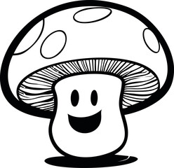 Poster - Happy cartoon mushroom with a smiling face in black and white illustration. Vector illustration