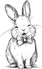 Poster - Happy sketch of a bunny wearing a bow tie with closed eyes and joyful expression. Vector illustration