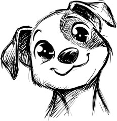 Poster - Sketch of a smiling cartoon dog with big eyes and playful expression in black lines. Vector illustration