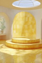 Poster - Golden Yellow Minimalist Interior with Platform and Skylight, Product Display, Architectural Style, Studio Shot