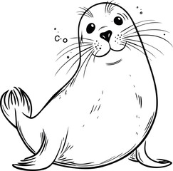 Poster - Happy cartoon seal drawing with playful expression and simple black outlines. Vector illustration