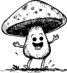 Poster - Cheerful cartoon mushroom character with arms raised in black and white drawing. Vector illustration