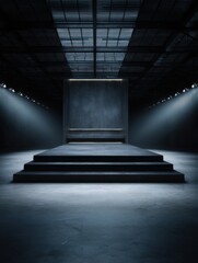 Poster - Empty Stage with Steps and Spotlight in Dark Room Interior Dramatic Lighting Concept