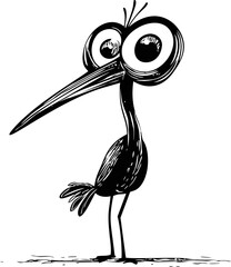 Poster - Quirky cartoon bird with large eyes and long beak in black and white illustration. Vector illustration