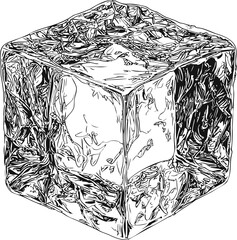 Aufkleber - Detailed line art of a textured ice cube in black and white illustration. Vector illustration