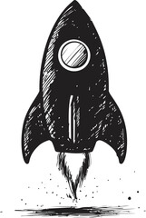 Poster - Black and white sketch of rocket launching with doodle style detail. Vector illustration