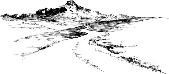 Poster - Black and white sketch of a mountain landscape with a winding river. Vector illustration