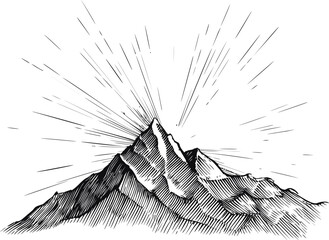 Aufkleber - Mountain peak sketch with radiating lines in black and white ink illustration. Vector illustration