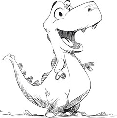 Poster - Cartoon dinosaur with a big smile in black and white line drawing, comic style. Vector illustration