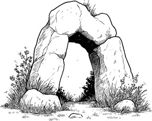Poster - Stone arch surrounded by grass and flowers in black and white illustration. Vector illustration