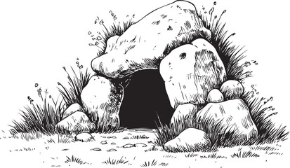Poster - Sketch of a stone cave entrance surrounded by grass and small plants. Vector illustration