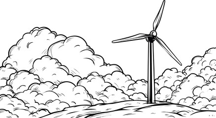 Wall Mural - wind turbine on a hilltop with fluffy clouds, conceptual black and white illustration. vector illust