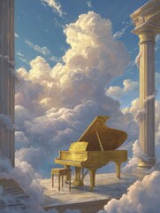 Poster - Golden Grand Piano on Cloud Platform Digital Art with Classical Columns and Sky Background Dreamy Surreal Scene