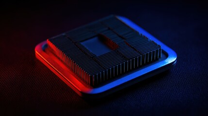 Poster - Close-up of Modern CPU Socket with Heatsink Fins in Red and Blue Lighting on Textured Surface