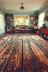 Poster - Rustic Wooden Table Surface in Cozy Living Room Interior Background with Blurred Details and Warm Lighting for Product Mockup or Display