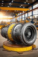Poster - Industrial turbine component on platform in factory setting close up shot detail of engineering marvel precision manufacturing