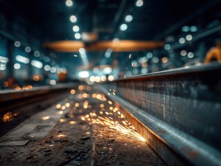 Poster - Metalwork Sparks Fly During Grinding Process in Dark Industrial Setting Low Angle View Manufacturing Plant