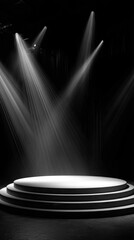 Poster - Stage spotlight presentation with round platform in dark room studio shot from below for product display or event