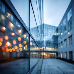 Poster - Modern office building facade with glass windows reflecting lights at dusk in urban setting architecture exterior