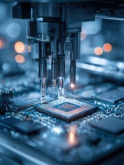 Poster - Automated machine assembling microchip on circuit board close up industrial precision technology innovation