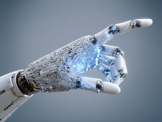 Poster - Robotic Arm Pointing Forward with Electrical Arcs Close Up Studio Shot Artificial Intelligence Concept