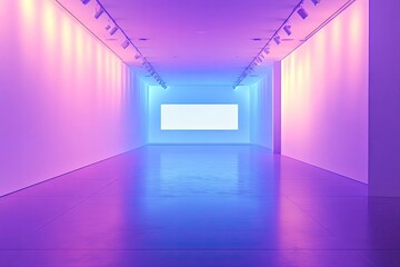Aufkleber - A long, narrow gallery space bathed in vibrant purple and blue neon lighting, featuring a blank rectangular screen at the far end, reflecting on the polished floor