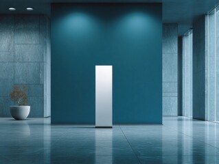 Poster - Interior mockup featuring blank sign in empty modern lobby with blue wall and stone tile floor and plant in pot