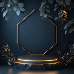 Aufkleber - Dark moody scene with octagonal gold frame, circular podium with neon glow on a stone base, and dark leafy branches