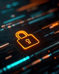 Poster - Glowing Padlock Symbol on Digital Grid Cybersecurity Concept Close Up Low Angle Security Data Protection