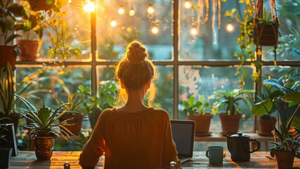 Poster - Woman working on a laptop in a cozy, plant-filled home office with warm morning light