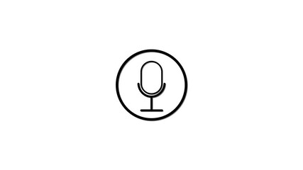 Poster - Minimalist black and white microphone icon within a circle on plain white background depicting audio and sound concepts