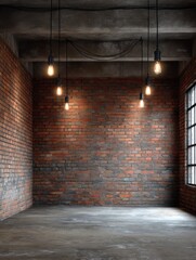 Aufkleber - Empty industrial loft space with brick walls and Edison bulbs interior design photography