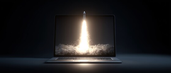 Poster - Rocket Launching from Laptop Screen in Dark Studio Setting Dramatic Lighting Innovation Technology Business Digital Transformation Concept