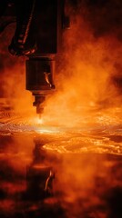 Poster - Metal cutting with laser beam close up industrial process modern technology orange glow sparks and smoke