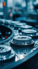 Poster - Close-up of Metal Gears on Assembly Line in Factory, Blue Toned, Industrial Machinery, Manufacturing Process, Precision Engineering, Production Equipment