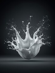 Poster - Milk splash in mid air with droplets on dark background studio shot high angle view product photography
