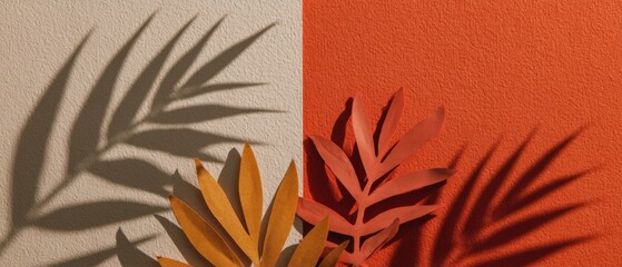 Poster - Split Tone Paper Cut Leaves with Shadows on Textured Background Overhead Flat Lay Still Life Autumn Colors Warm Tones