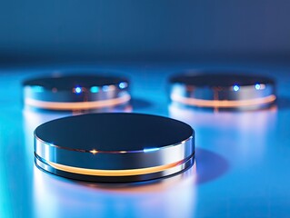 Aufkleber - Three sleek, dark-metallic cylindrical platforms with subtle, warm-toned inner rings, reflecting on a cool-toned blue surface under dramatic lighting