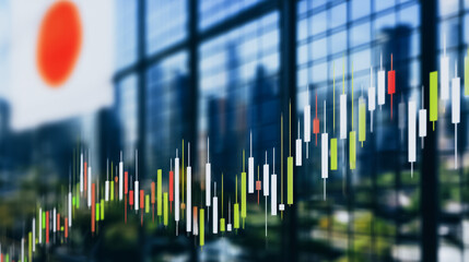 Poster - Japanese Economy Growth: The vibrant cityscape of Japan forms a backdrop to a detailed graph indicating market trends, highlighting the nation's economic prowess.
