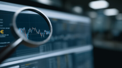 Poster - Examining Market Trends: A close-up shot reveals a magnifying glass focused on intricate financial graphs displayed on a large monitor.