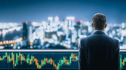 Poster - Business Visionary Contemplating the Cityscape: A sharply dressed person, seen from behind, surveys the glittering city skyline with financial charts in the foreground.