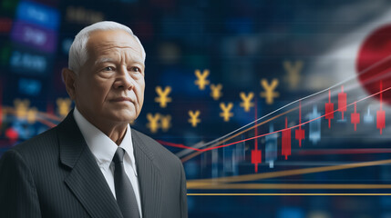 Poster - Financial Forefront: A composed older man, dressed in formal attire, stands centered against a dynamic backdrop of financial graphs and data, symbolizing expertise in economics and finance.