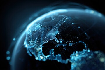 Poster - Digital Earth Globe with North America Showing Network Connections and City Lights in a Dark Blue Futuristic Style