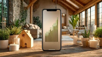 Poster - Smartphone with a bar chart on screen, placed on a rustic table surrounded by plants and candles