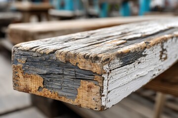 Poster - A close-up of a weathered wooden beam shows texture and peeling white paint, revealing age and character in a blurred outdoor setting with vintage charm.