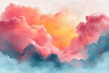Poster - An abstract sky painting with dynamic clouds in shades of pink, yellow, orange, and blue, creating a serene atmosphere and a captivating visual experience.