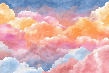 Fototapete - A vibrant watercolor painting depicting a colorful sky filled with fluffy, layered clouds in shades of pink, orange, yellow, and blue, creating a dreamy and artistic atmosphere.