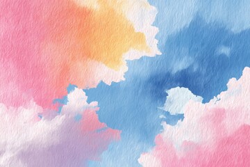Poster - A watercolor painting of a colorful sky with fluffy clouds in shades of pink, orange, and blue, creating a dreamy and whimsical atmosphere, perfect for background.