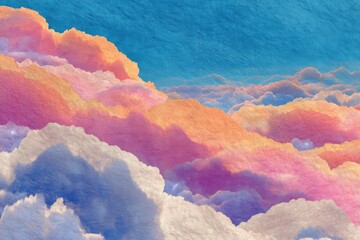 Poster - A beautiful pastel sky with fluffy clouds, featuring shades of pink, orange, white and blue, creating a dreamlike and peaceful atmosphere on a bright sunny day.